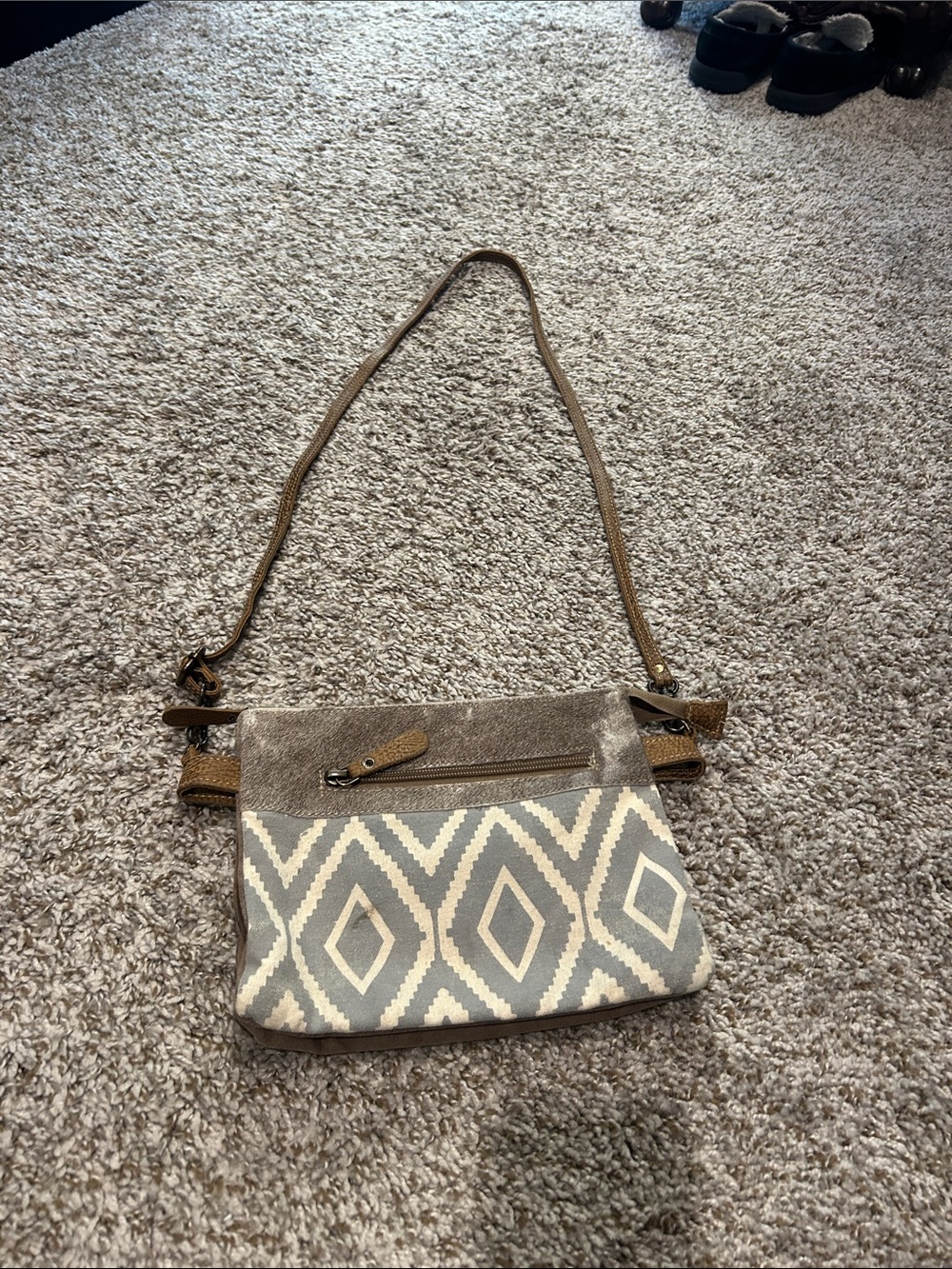 Myra Bag Neutral Geo-Print Crossbody with Tan Strap